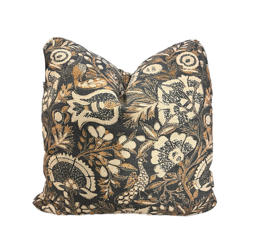 18" Navy and Brown Floral Pillow